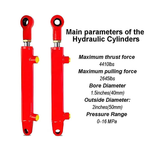 Two red .5x6 Hydraulic Cylinders, 2 Ton, Double Acting, with specifications and parameters displayed on the side.