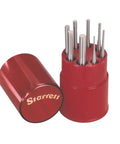Eight Piece Drive Pin Punch Set with knurled grips in a round red storage box; 4 inch length, diameters from 1/16 to 5/16 inch.