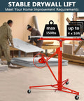 Red Drywall Lift 11 FT with 150LBS capacity and 360° adjustable hoist in a construction setting.