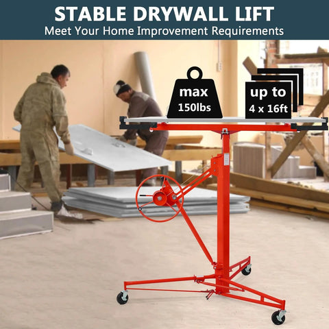 Red Drywall Lift 11 FT with 150LBS capacity and 360° adjustable hoist in a construction setting.