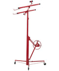 Red 11ft Drywall Lift with adjustable telescoping arm and lockable wheels, ideal for ceiling and wall installation, heavy-duty 150 lbs sheetrock hoist.