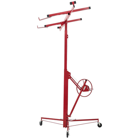 Red 11ft Drywall Lift with adjustable telescoping arm and lockable wheels, ideal for ceiling and wall installation, heavy-duty 150 lbs sheetrock hoist.
