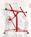 Red Drywall Lift 11' Drywall Panel Hoist with caster wheels, showcasing construction and measurement specifications.