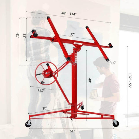Red Drywall Lift 11' Drywall Panel Hoist with caster wheels, showcasing construction and measurement specifications.