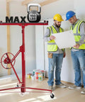 Two workers with a blueprint beside a red 11ft Drywall Lift, Heavy-Duty 150 lbs Sheetrock Hoist with Telescoping Arm and Wheels