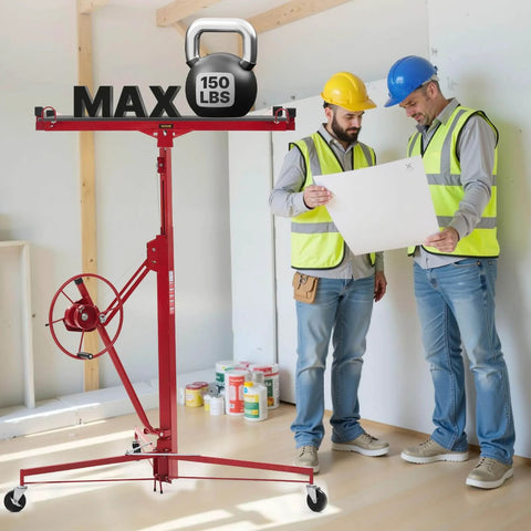 Two workers with a blueprint beside a red 11ft Drywall Lift, Heavy-Duty 150 lbs Sheetrock Hoist with Telescoping Arm and Wheels