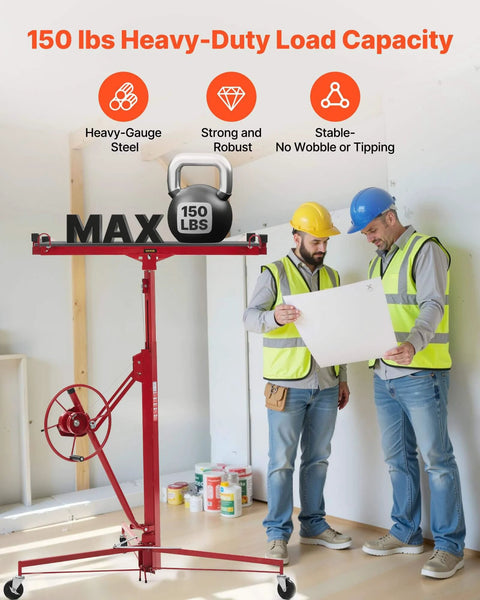 11ft Drywall Lift, Heavy-Duty 150 lbs Sheetrock Hoist with Adjustable Telescoping Arm showcased by two workers, focus on stability