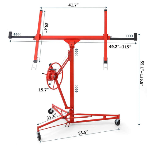 ✝️ Drywall Lift 11 FT, Drywall Jack Lift for Ceiling, 360° Adjustable Drywall Panel Hoist, 150LBS Heavy Duty, in red, dimensions shown
