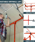 Man using a red ✝️ Drywall Lift 11 FT, Drywall Jack Lift for Ceiling, 360° Adjustable Drywall Panel Hoist, 150LBS Heavy Duty Drywall Lifter