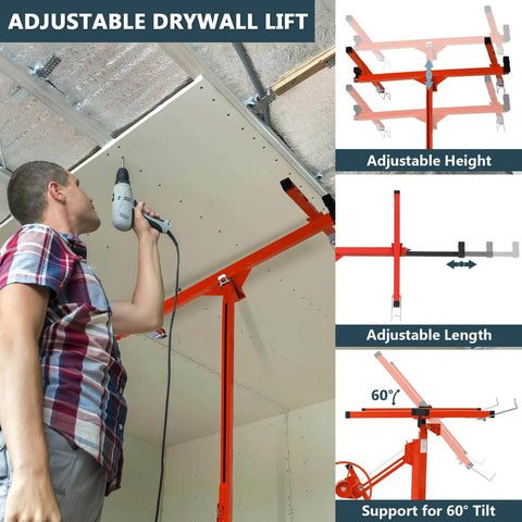 Man using a red ✝️ Drywall Lift 11 FT, Drywall Jack Lift for Ceiling, 360° Adjustable Drywall Panel Hoist, 150LBS Heavy Duty Drywall Lifter