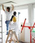 Workers installing ceiling with ✝️ Drywall Lift 11' Drywall Panel Hoist Construction Rolling Caster Tool Jack Lifter in red.