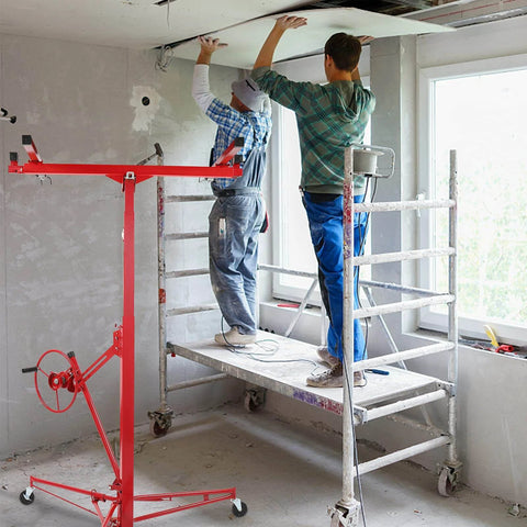 Workers using 16 FT Drywall Lift Panel Rolling Hoist Jack Lifter Sheetrock, Drywall Lifting Construction Tools Caster Wheel