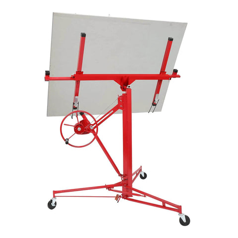 16 FT Drywall Lift Panel Rolling Hoist Jack Lifter with caster wheels, featuring adjustable telescopic arm, red for smooth motion in systems.