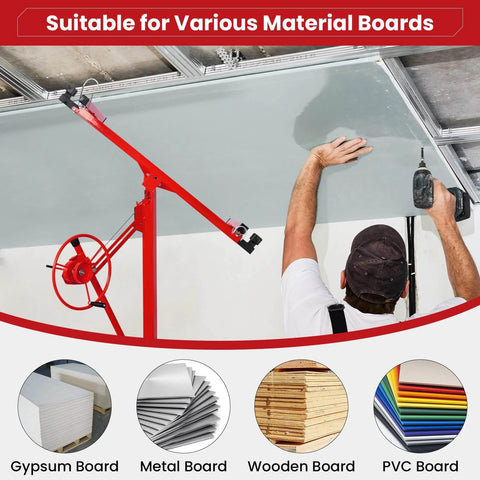 Man using Drywall Lift 11 ft Sheetrock Lift Drywall Hoist for Ceiling 360° Adjustable Drywall Lifter Sheetrock Jack 150lbs