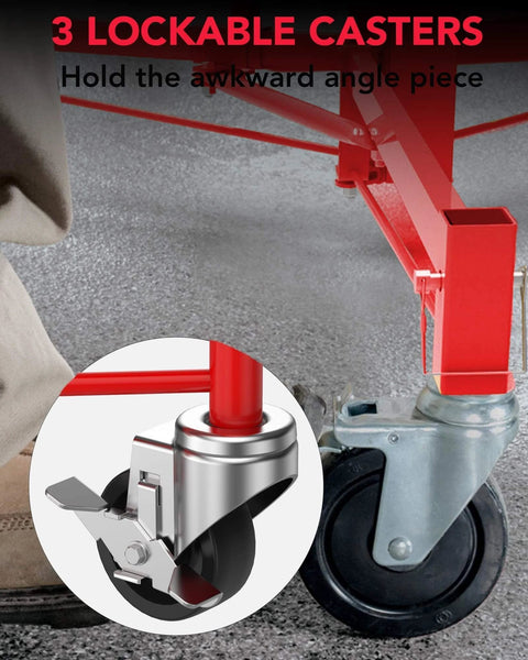 Close-up of lockable casters on 16 ft Drywall Lift, Sheetrock Lift Drywall Lift, 150 LBS Capacity with red frame and stable design.