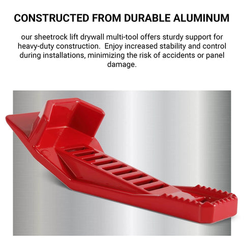 Red XL Drywall Lift & Sheetrock Kicker Multi-Tool with Built-In Drywall Rasp Tool & Bottle Opener, durable aluminum construction.