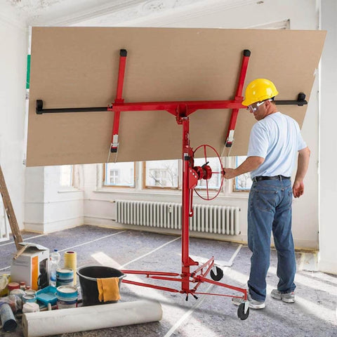 Man using ✝️ Drywall Lift 11' Drywall Panel Hoist Construction Rolling Caster Wheel Lockable Tool Jack Lifter Jack Drywall Lift Construction Tools (Red) in room.