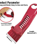 Red multifunctional Drywall Panel Lifter, Door Hanging Tool, Edge Rasp, Bottle Opener with dimensions and ergonomic design.