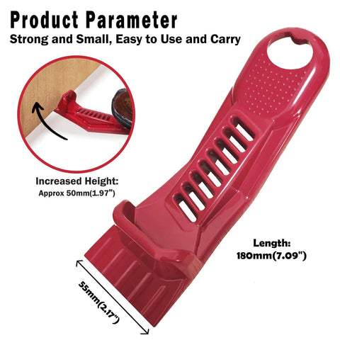 Red multifunctional Drywall Panel Lifter, Door Hanging Tool, Edge Rasp, Bottle Opener with dimensions and ergonomic design.