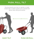 Push, pull, tilt features of the Dual Wheel Home Utility Yard Wheelbarrow Garden Cart with Built In Stand, red, in use