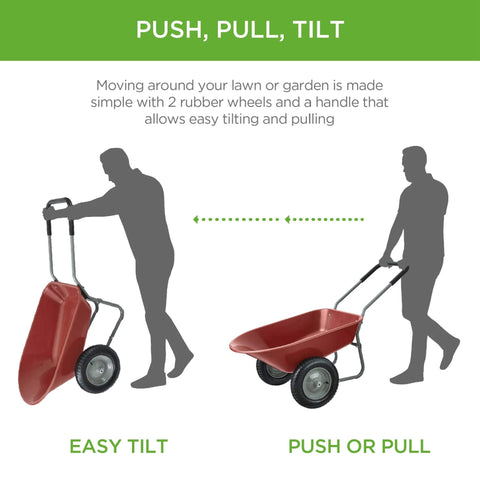 Push, pull, tilt features of the Dual Wheel Home Utility Yard Wheelbarrow Garden Cart with Built In Stand, red, in use
