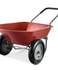 Side view of Dual Wheel Home Utility Yard Wheelbarrow Garden Cart with Built In Stand 5 Cubic Foot Capacity 330 lb Load Red for Lawn Gardening