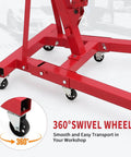 Heavy Duty 2 Ton Folding Hydraulic Engine Hoist With Load Leveler And Adjustable Boom From 0.5 To 2 Tons, 6 Swivel Wheels, 4400 Lbs Capacity, Cherry Picker For Garage, Workshop And Warehouse with red base showing swivel wheels.