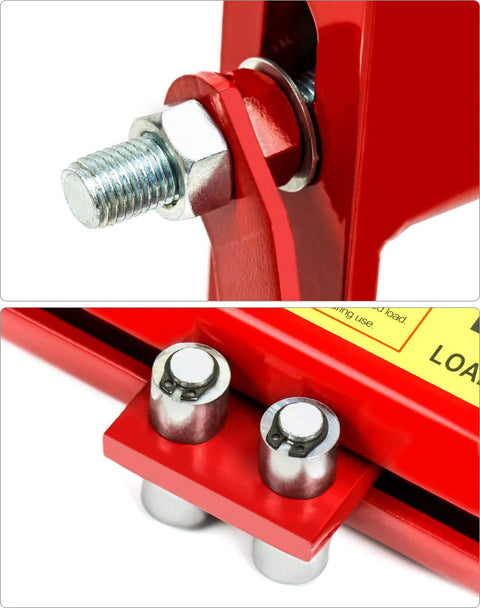 Close-up of heavy duty steel hoist leveler bolt and chain attachment for Engine Load Leveler 4000 Lbs Capacity in red finish