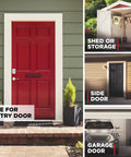 Front view of exterior doors, including entry, shed, side, and garage doors, showcasing usage potential for Powerbolt 250 10 Button Keypad Electronic Deadbolt With Auto Lock And Keyless Entry For Satin Nickel Exterior Doors Ideal For Homes Apartments And Small Offices With Customizable User Codes And Transitional Modern Style.