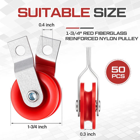 Red Fiberglass Reinforced Nylon Pulley Pack 50 Pieces, 1-3/4 inch wheel diameter, for batting cage netting cable system replacement parts.