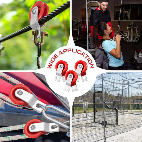 Red Fiberglass Reinforced Nylon Pulley Pack 50 Pieces For Baseball Batting Cage Netting Cable System Replacement Parts shown in various uses