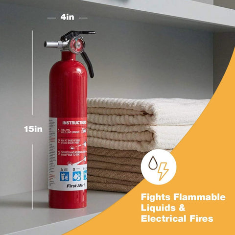 Home Fire Extinguisher UL Rated 1A 10B C Multipurpose Unit With All Metal Construction And Commercial Grade Valve on a shelf