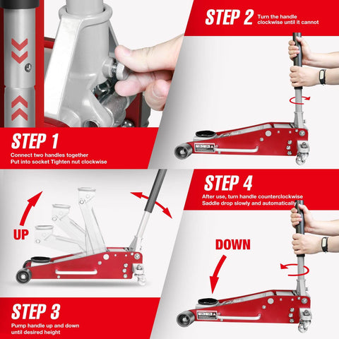 Step-by-step guide for Low Profile 3 Ton Racing Floor Jack With Dual Pistons Quick Lift Pump For SUVs And Trucks Aluminum And Steel Construction 58.5 Lb Red Lifting Range 3-15-16 To 18-5-16 Inches Includes Rubber Saddle And Heavy Duty Design.