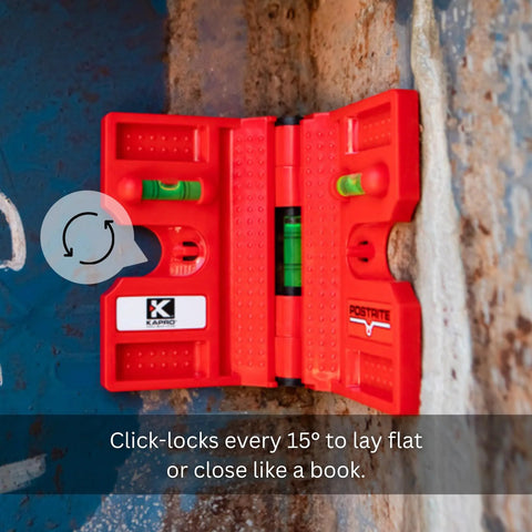 Effortlessly align posts and pipes with the 340 Postrite adjustable folding post level on a metal surface with click-lock feature