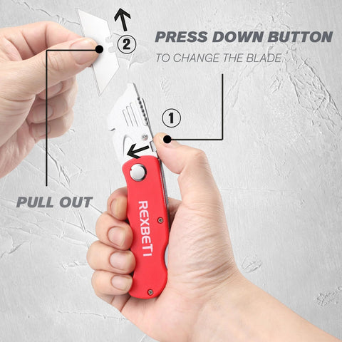 Hands holding red 4-pack folding utility knife with quick-change blades and back-lock, showing blade replacement for safe box opening.