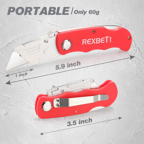 4-pack folding utility knife with quick-change blades and back-lock, red handle, shown open and closed, ideal for light DIY tasks.
