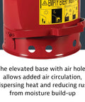 Close-up of elevated base with air holes on 6 Gallon Galvanized Steel Oily Waste Can With Foot Pedal Self Closing Lid For Oil Rag Disposal OSHA Compliant Made In USA Red.