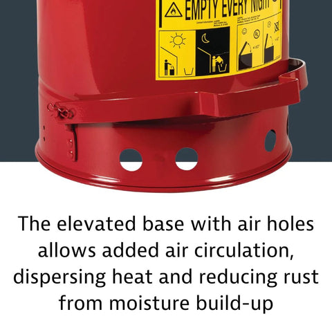 Close-up of elevated base with air holes on 6 Gallon Galvanized Steel Oily Waste Can With Foot Pedal Self Closing Lid For Oil Rag Disposal OSHA Compliant Made In USA Red.
