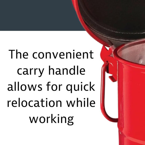 Close-up of 6 Gallon Galvanized Steel Oily Waste Can With Foot Pedal Self Closing Lid For Oil Rag Disposal OSHA Compliant Made In USA Red 16 By 12 Inch Elevated Bottom For Air Circulation To Reduce Heat Moisture And Rust showing carry handle.
