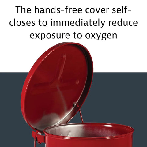 Open lid of 6 Gallon Galvanized Steel Oily Waste Can With Foot Pedal Self Closing Lid For Oil Rag Disposal OSHA Compliant Made In USA Red
