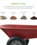 Red Dual Wheel Home Utility Yard Wheelbarrow Garden Cart with Built In Stand, showing uses for wood, mulch, gravel, soil