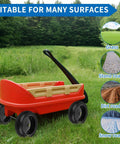 13 Inch Flat Free Solid Wheels Tires 4.00-6 Replacement with Universal 5/8 Inch Axle Bore on a red wagon in a grassy field.