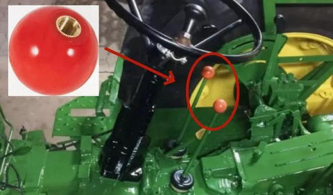 Replacement Red Gear Shift Lever Knob for Tractors installed on steering console with focus on red knob and inset showing detail