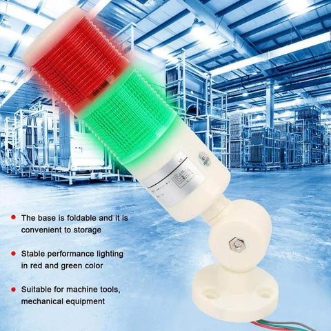 Red Green LED Tower Light For 24V DC CNC Machines, Industrial Signal Lamp For Milling Lathe And Factory Automation, Red And Green Flashing, Workhorse Build, No Fuss Install, Durable Construction in warehouse setting.