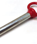 Five Eighth Inch Red Handle Detent Pin Four Inch Long With Stainless Ball Locking Mechanism Towing Hitch Pin resting on white surface