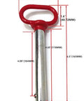 Five Eighth Inch Red Handle Detent Pin Four Inch Long With Stainless Ball Locking Mechanism Towing Hitch Pin side view with measurements