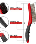 Wire Brush Set-Heavy Duty Stainless & Carbon Steel Bristles with Plastic Handle Grip for Rust, close-up of red handle.