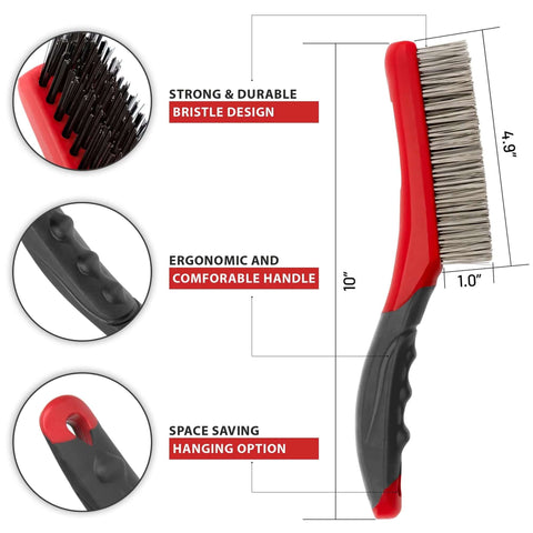 Wire Brush Set-Heavy Duty Stainless & Carbon Steel Bristles with Plastic Handle Grip for Rust, close-up of red handle.