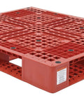 Red High Density Polyethylene Pallet With Four Way Entry 39 1/2 In By 47 3/8 In 6 In Tall 8000 Lb Capacity Serrated Deck For Drainage Ideal For Export Food Medical And Pharmaceutical Use Vestil PLP2-4840-RED, showing side view.