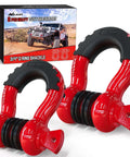 2 Pack D Ring Shackles 9,500 Lb Capacity Off Road Recovery Shackle With Seven Eighth Inch Pin Red displayed with packaging